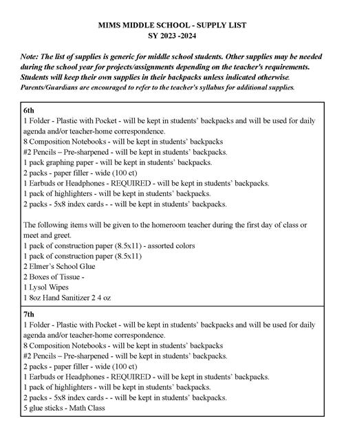 MIMS MIDDLE SCHOOL-SUPPLY LIST SY 2023-2024